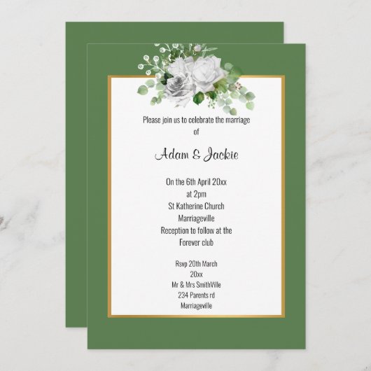 INVITATION ELEGANT SAGE ROSE OR MARIAGE (Devant / Derrière)