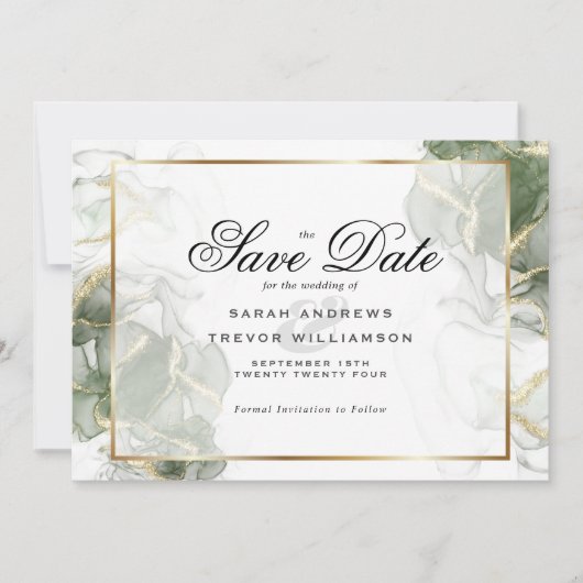 Invitation Élégant Sage Vert et Or Encre d'alcool (Devant)