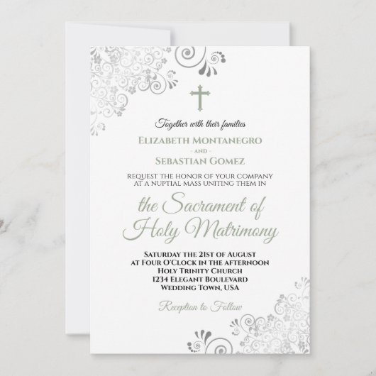 Invitation Élégant Sage Vert & Gris Moderne Mariage catholiqu (Devant)