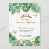 Invitation Élégant Sage Vert Or Floral Sweet 16 Seteen (Devant / Derrière)