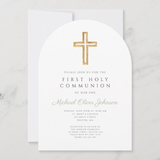 Invitation Elégant Sage Vert Religieux Premier Arc Communion (Devant)