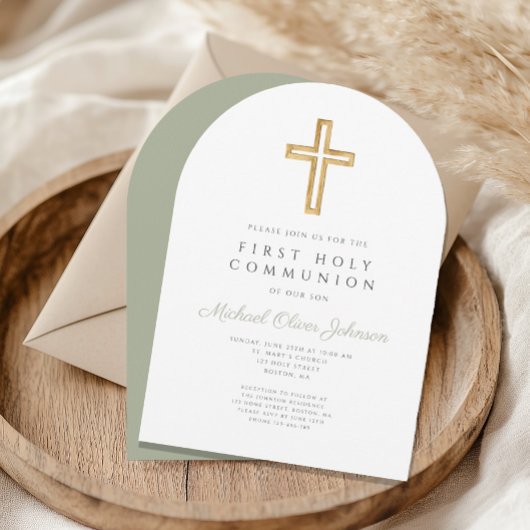 Invitation Elégant Sage Vert Religieux Premier Arc Communion