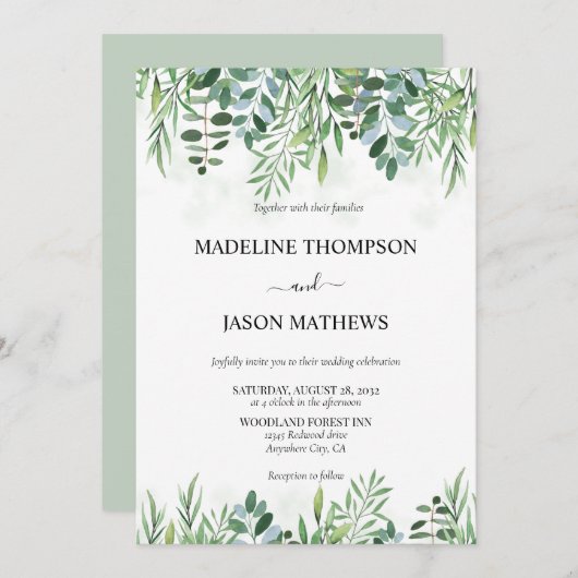 Invitation Elégant Sage Vert verdure Eucalyptus Mariage (Devant / Derrière)