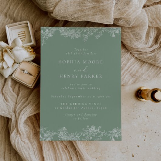 Invitation Elegant Sage & White Vintage Chinoiserie Wedding