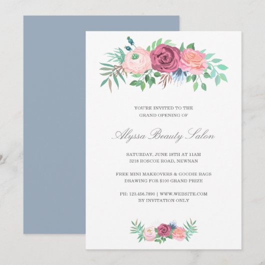 Invitation Élégant Salon de Beauté Florale Rose Grand Ouvertu (Devant / Derrière)