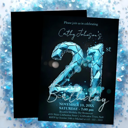 Invitation Elégant Sapphire Bleu et Noir 21e anniversaire