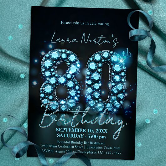 Invitation Elégant Sapphire bleu et noir 80e anniversaire