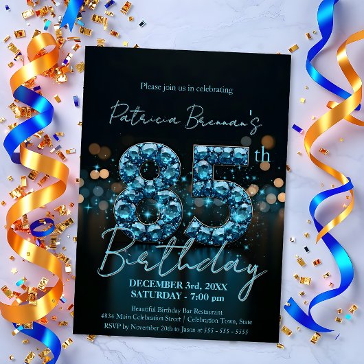 Invitation Elégant Sapphire bleu et noir 85e anniversaire