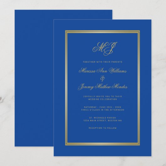 Invitation Élégant Sapphire Blue Gold Monogram Mariage Script (Devant / Derrière)