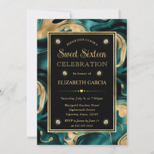 Invitation Élégant sarcelle fondue et or pailleté pour un Swe