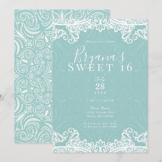 Invitation Élégant sarcelle turquoise blanc dentelle doux 16 (Devant / Derrière)