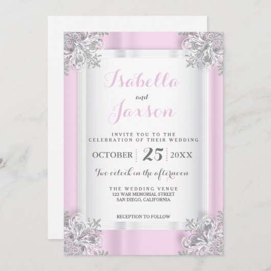 Invitation Élégant Satin rose et blanc avec Ornat Argent (Devant / Derrière)