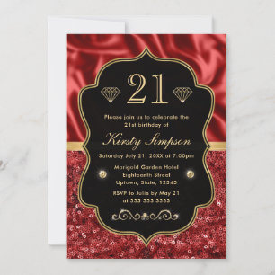 Invitation Élégant Satin Rouge & Cadre Doré Pailleté Annivers