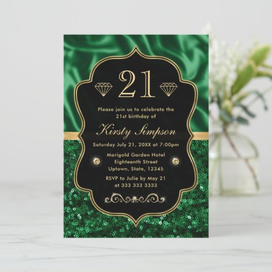 Invitation Elégant Satin Vert & Parties scintillant Gold Fram (Debout devant)
