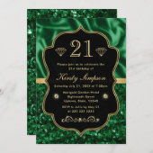 Invitation Elégant Satin Vert & Parties scintillant Gold Fram (Devant / Derrière)