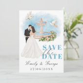 Invitation Élégant Sauvez la Date avec Mariée & Groom Fontain (Debout devant)