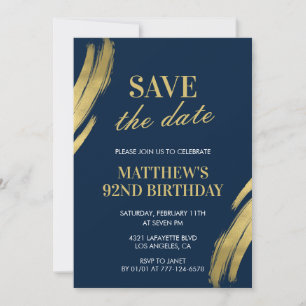 Invitation Élégant Save the date Navy Or 92e anniversaire 