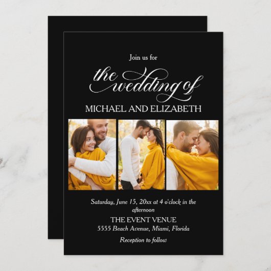 Invitation Élégant Script 3 Photo Black White Mariage (Devant / Derrière)