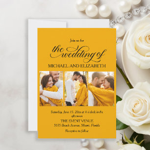 Invitation Élégant Script 3 Photo Jaune Mariage