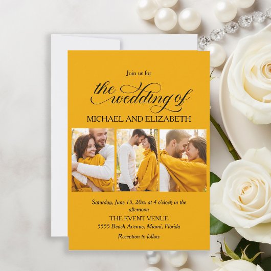 Invitation Élégant Script 3 Photo Mariage Jaune