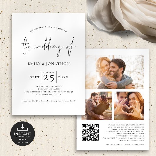 Invitation Élégant script 3 Photo QR Code noir blanc Mariage