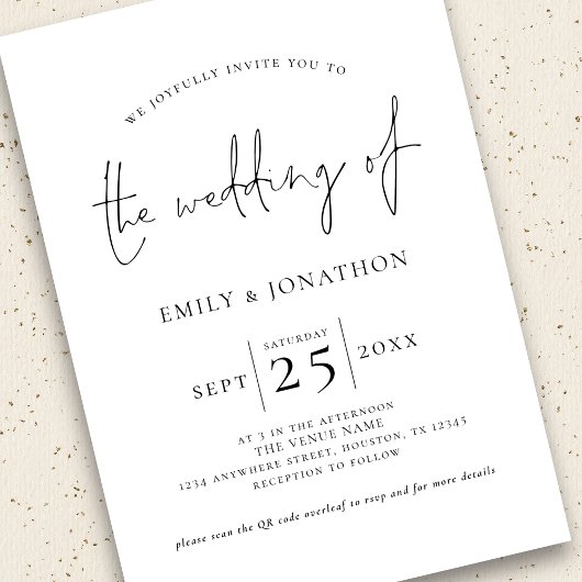 Invitation Élégant script 3 Photo QR Code noir blanc Mariage
