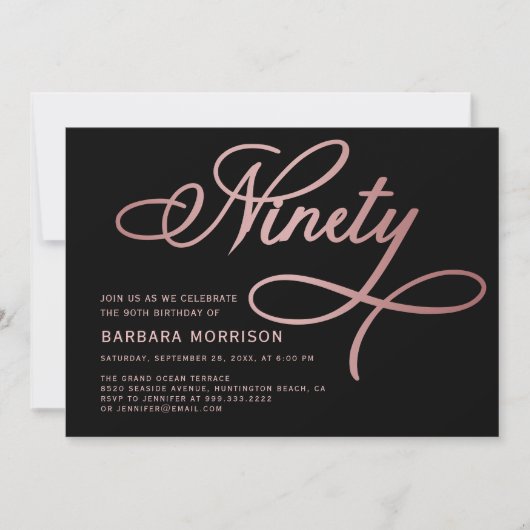 Invitation Élégant Script 90e anniversaire Rose or 90e annive (Devant)