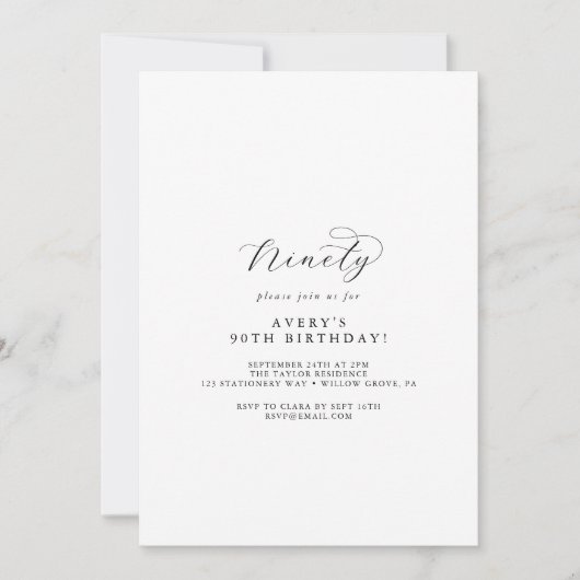 Invitation Élégant Script 90e fête d'anniversaire (Devant)