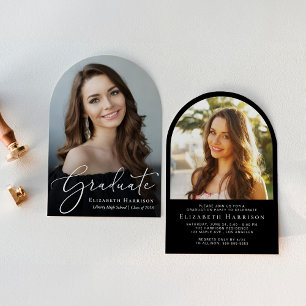 Invitation Elégant Script Arch Photo Black Graduation Party