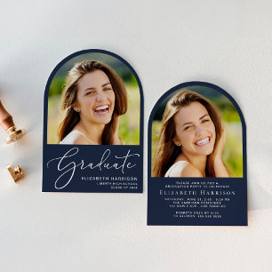 Invitation Élégant Script Arch Photo Blue Graduation Party