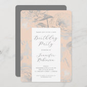 Invitation Élégant Script Argent Floral Fête Anniversaire Blu (Devant / Derrière)
