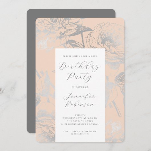 Invitation Élégant Script Argent Floral Fête Anniversaire Blu (Devant / Derrière)