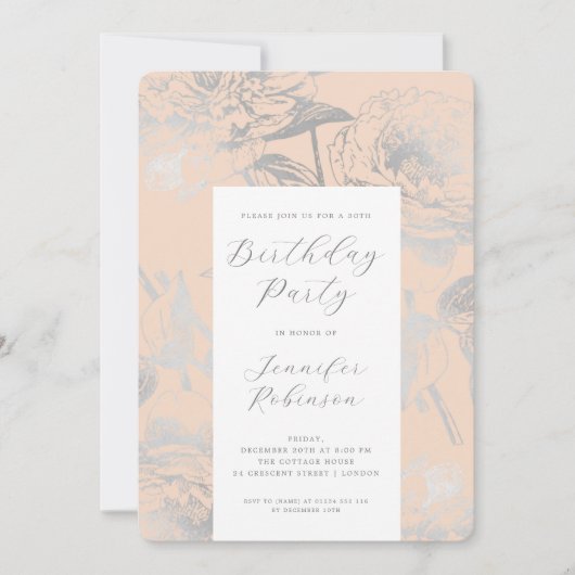 Invitation Élégant Script Argent Floral Fête Anniversaire Blu (Devant)