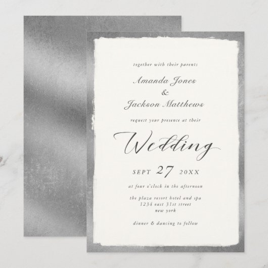 Invitation Élégant script avec Mariage minimal Argent Edge (Devant / Derrière)