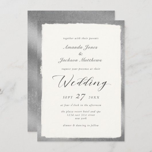 Invitation Élégant script avec Mariage semi-formel argent (Devant / Derrière)