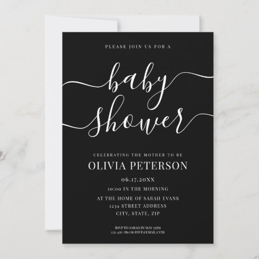 Invitation Élégant Script Baby shower noir et blanc (Devant)