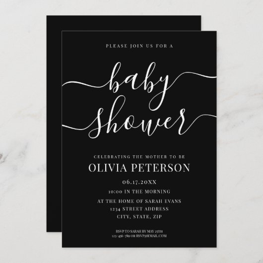 Invitation Élégant Script Baby shower noir et blanc (Devant / Derrière)
