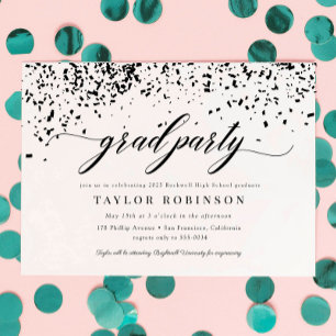 Invitation Élégant Script Black Confetti Graduation Party