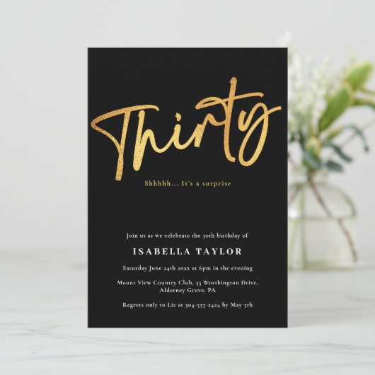 Invitation Élégant Script Black Gold 30e anniversaire (Debout devant)
