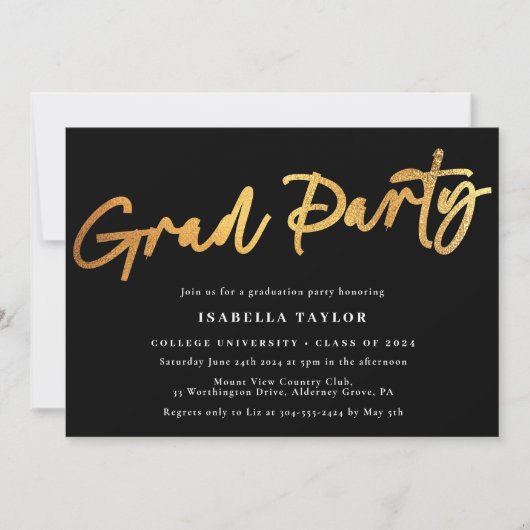 Invitation Élégant Script Black Gold Graduation Party (Devant)