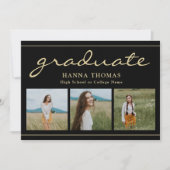 Invitation Élégant Script Black Gold Trois photo Graduation (Devant)