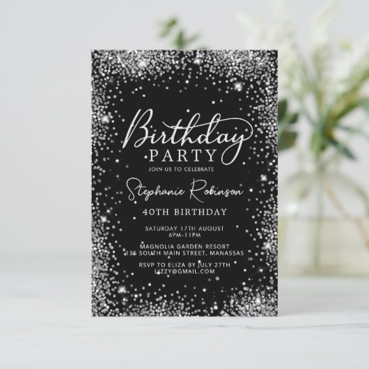 Invitation Élégant Script Black Silver Parties scintillant 40 (Debout devant)