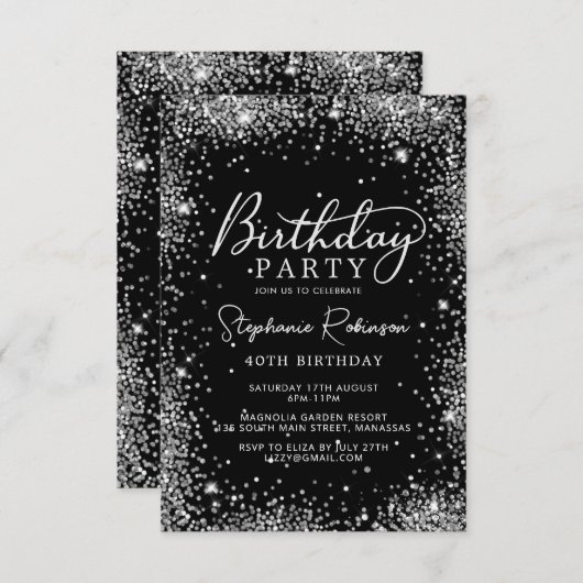 Invitation Élégant Script Black Silver Parties scintillant 40 (Devant / Derrière)