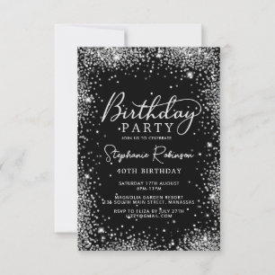 Invitation Élégant Script Black Silver Parties scintillant 40