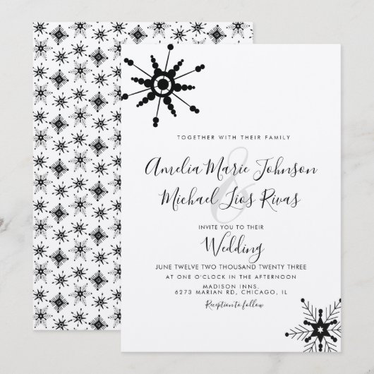 Invitation Élégant Script Black Snowflakes Mariage de Noël (Devant / Derrière)