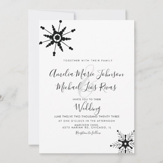 Invitation Élégant Script Black Snowflakes Mariage de Noël (Devant)
