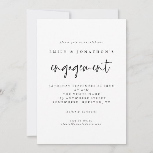 Invitation Élégant Script Black White Engagement Party (Devant)