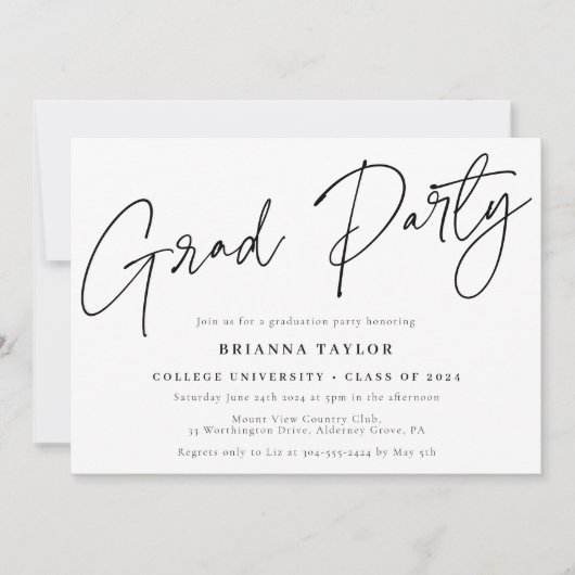 Invitation Élégant Script Black White Graduation Party (Devant)