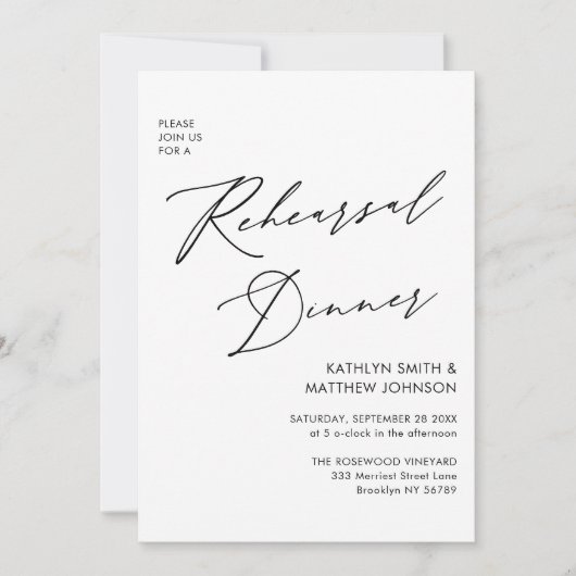 Invitation Élégant script blanc de la répétition dîner code Q (Devant)