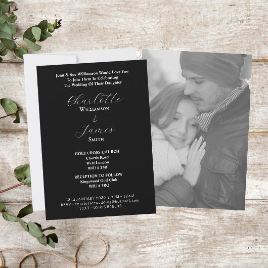 Invitation Élégant script blanc | Happy Couple Photo Black